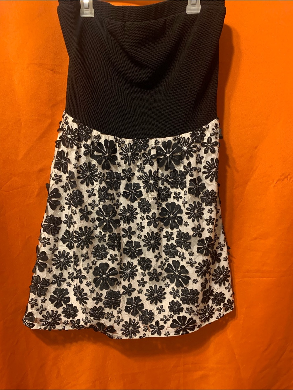 Blue Rain Black & White strapless cocktail dress with 3D Floral appliqué.
